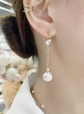 简约设计长款珍珠流苏耳环女轻奢高级感百搭气质锆石圆脸显瘦耳扣