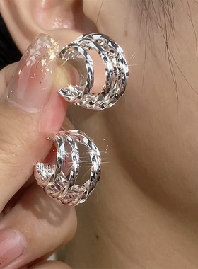 S925银针耳钉女冷淡风高级感多层耳圈小众设计感港风气质个性耳饰