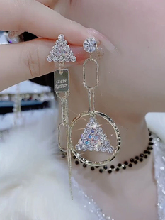 日韩新款不对称三角镶钻s925纯银针耳饰轻奢气质AB款大气时尚耳环