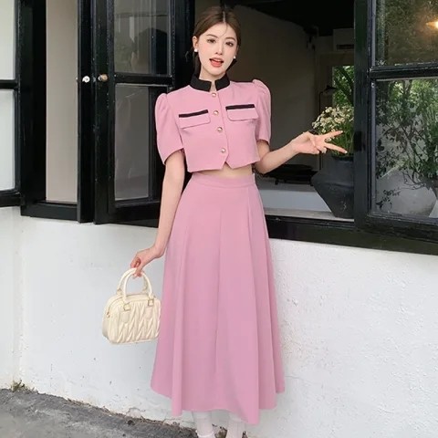 2025新款纯欲法式小香风套装长裙子高级感粉色休闲两件套女