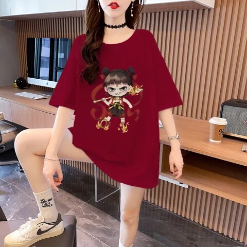 设计感小众国潮动漫哪吒印花短袖t恤女2025新款夏季宽松正肩上衣