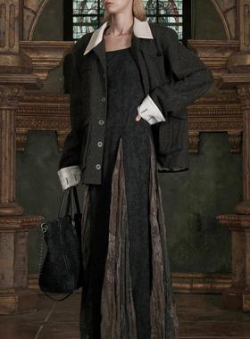 TAM TUAS 北辰 彩点粗花呢拼皮提花猎装宫廷夹克