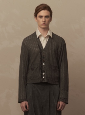 TAM TUAS【蝴蝶兰】条纹多纽扣拼接木耳褶边boxy针织镂空开衫