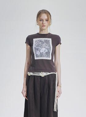 TAM TUAS【月影花】埃及棉蕾丝拼接花卉印花短袖T恤