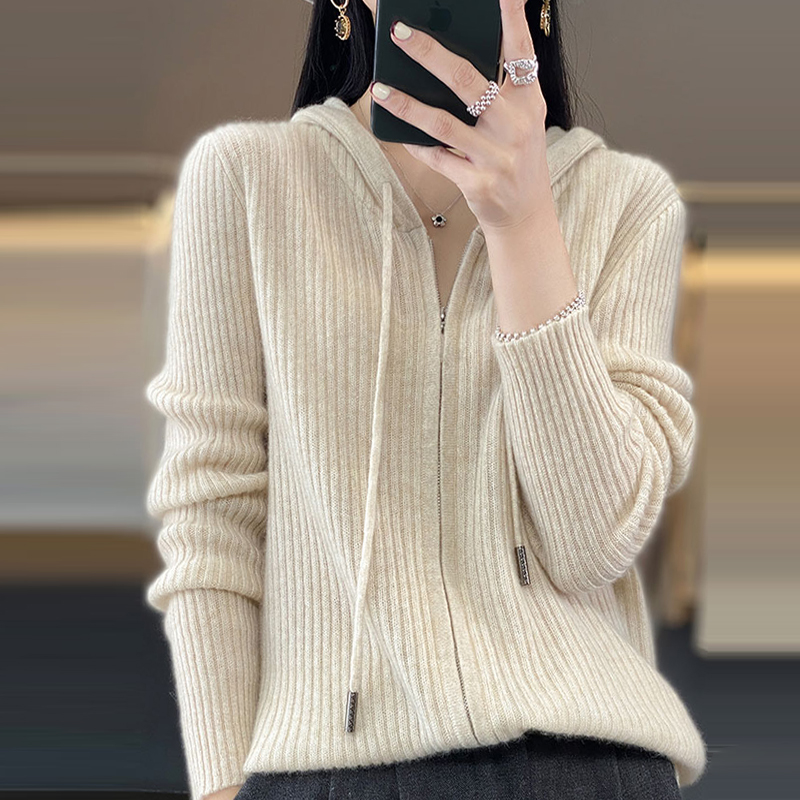 高端羊毛衫针织开衫女毛衣拉链宽松连帽子上衣慵懒风休闲外套卫衣
