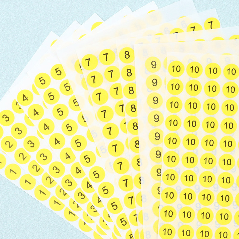 1cm单个数字贴纸12345678910黄色黑字不干胶标签贴1厘米编号排序圆形号码自粘贴小号铜版纸带背胶贴数字标识