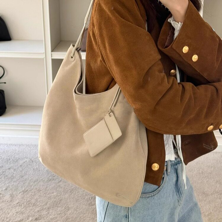 韩国小众设计复古真皮斜挎腋下包麂皮托特通勤女包