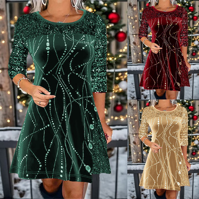 New long sleeved sequined A-line dress for women, Guangzhou