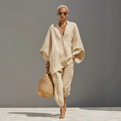 summer fashion women's casual V-neck loose shirt pants set