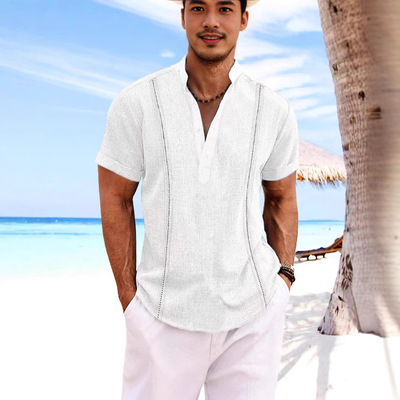 Men's short sleeved Henry collar men cotton linen shirt top