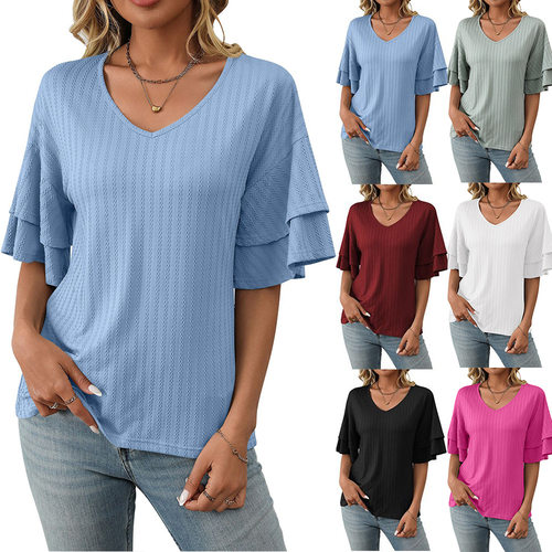 Women's Summer V-neck Lotus Leaf Sleeve Short Sleeve shirt