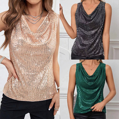 women's V-neck strapless sequin loose short pullover vest