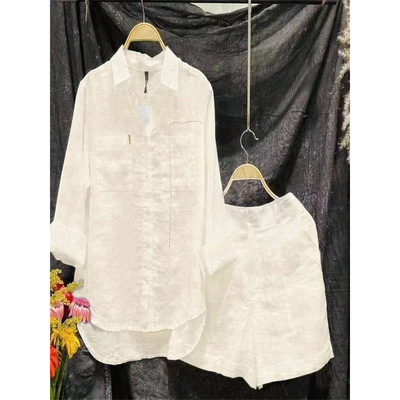 Summer cardigan women's long sleeved shorts pants shirt set
