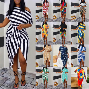 Summer sexy short sleeved diagonal collar dress M2022 summe