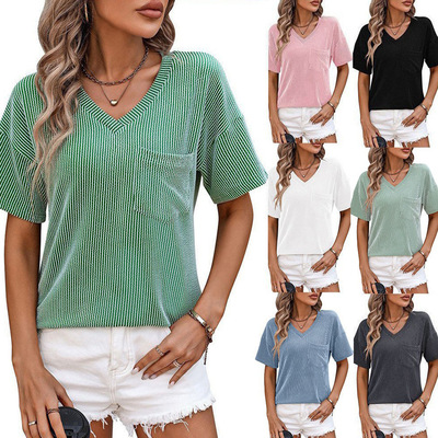 Summer V-neck Twisted Strip Color blocked Short Sleeve shirt