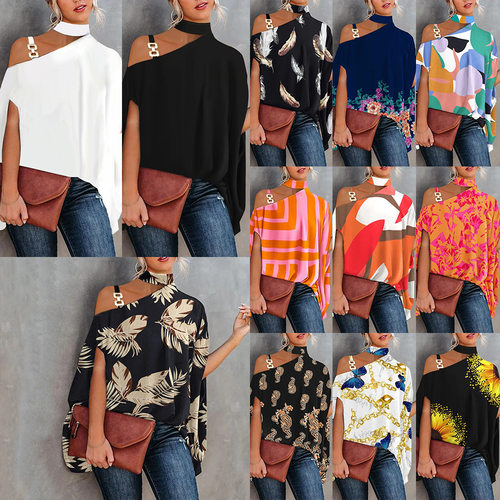 Summer women's sexy slanted neck loose top shirt short shirt