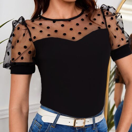 Spring summer women's mesh polka dot short sleeved T-shirt