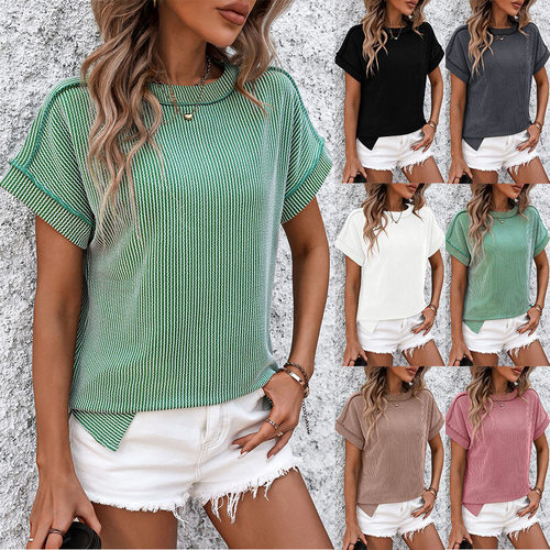 summer women's Stitch Twisted Strip Short Sleeve Loose shirt