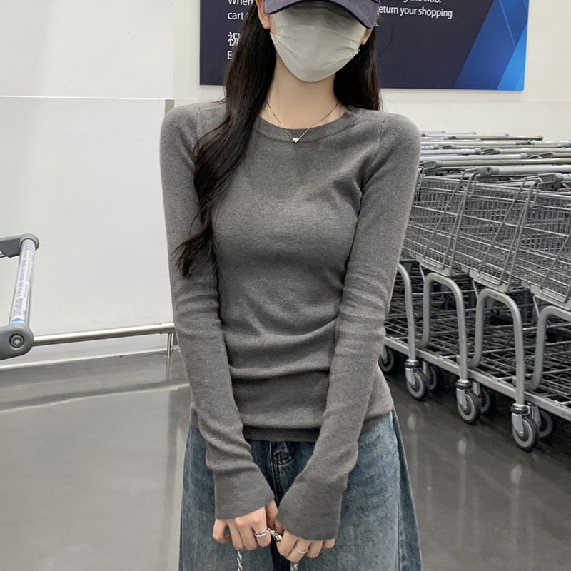 基础款纯棉灰色打底衫女内搭秋冬季可外穿正肩修身长袖t恤上衣春