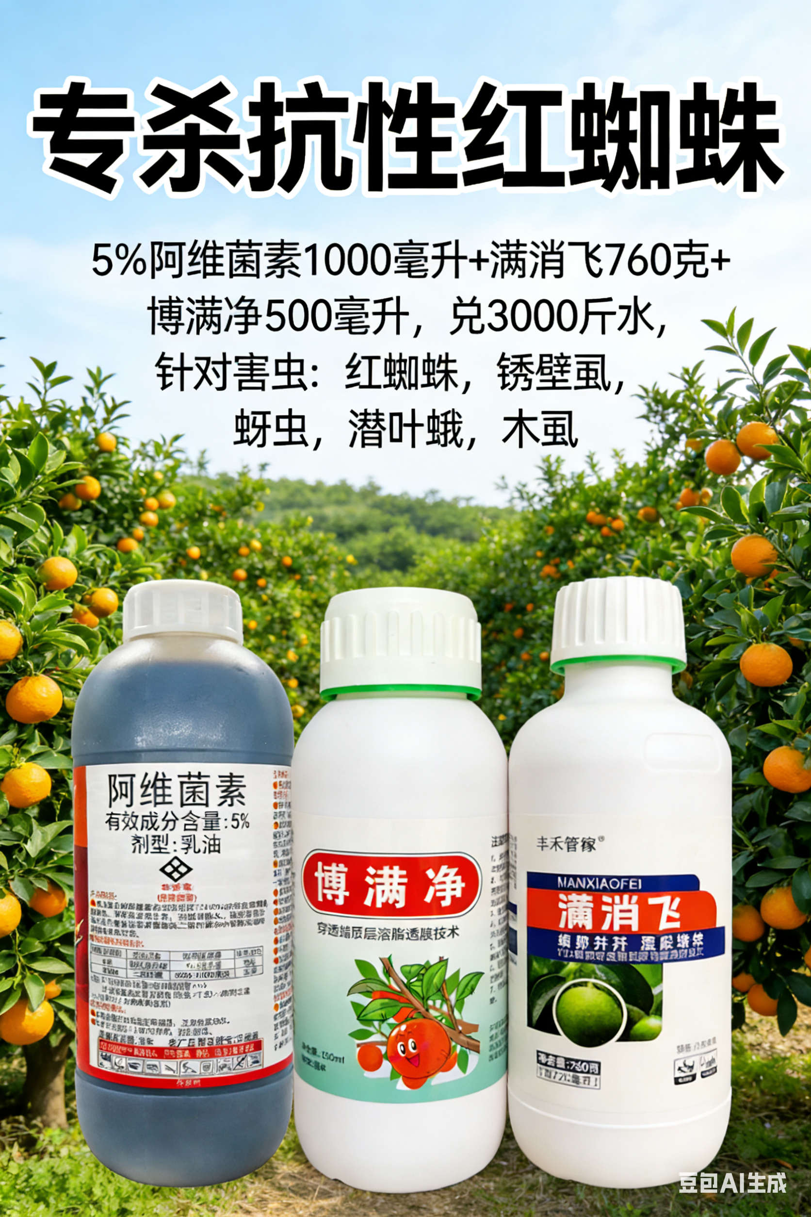 果树红蜘蛛持效期长组合阿维菌素+博满净+满消飞锈壁虱木虱潜叶蛾