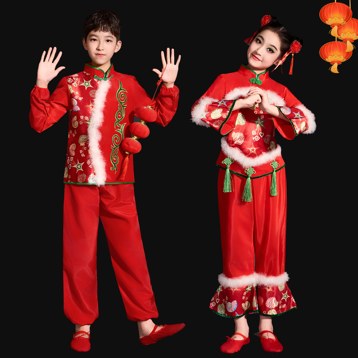 元旦国风男女童灯笼秧歌服中国红