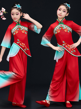 儿童古典秧歌服红色喜庆演出服民族扇子舞打鼓服幼儿手绢舞蹈服装