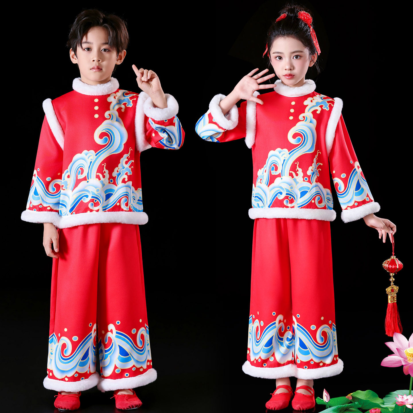 新款元旦喜庆儿童秧歌演出服开门红喜庆打鼓服红灯笼舞蹈表演服装