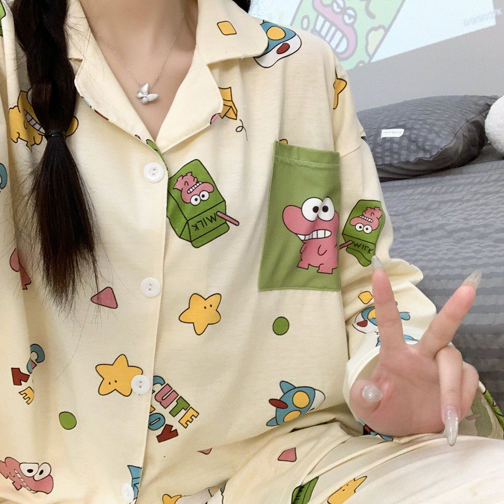 蜡笔小新鳄鱼先生情侣睡衣女春秋季纯棉长袖长裤大码男家居服套装