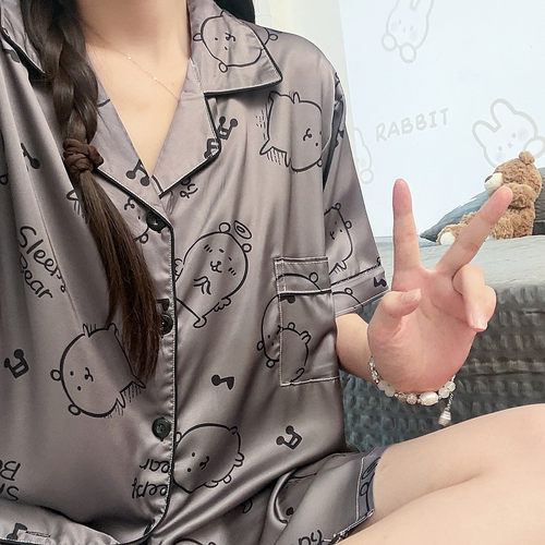 可爱自嘲熊睡衣女夏季天冰丝短袖