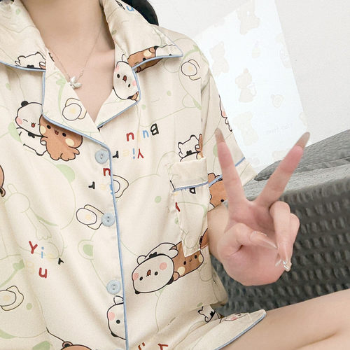 一二布布情侣睡衣女夏季冰丝短袖