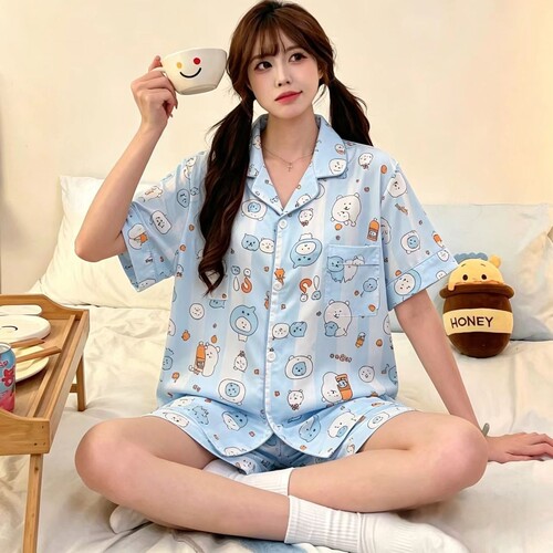可爱自嘲熊冰丝睡衣女夏季款短袖