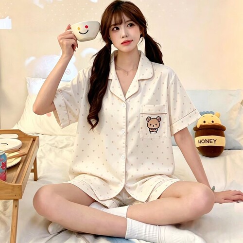 轻松小熊冰丝睡衣女款夏季天短袖