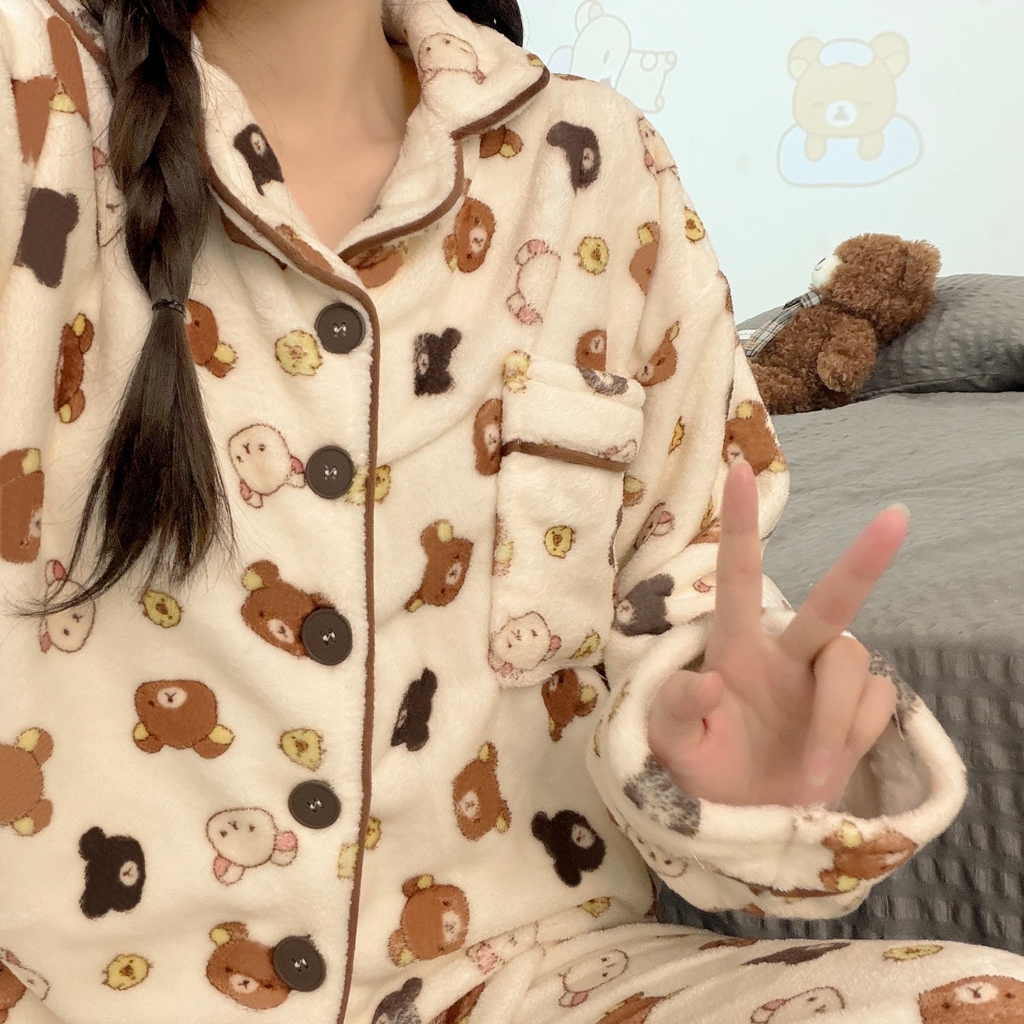 可爱轻松熊情侣睡衣女冬季加厚加绒法兰绒保暖珊瑚绒家居服可外穿