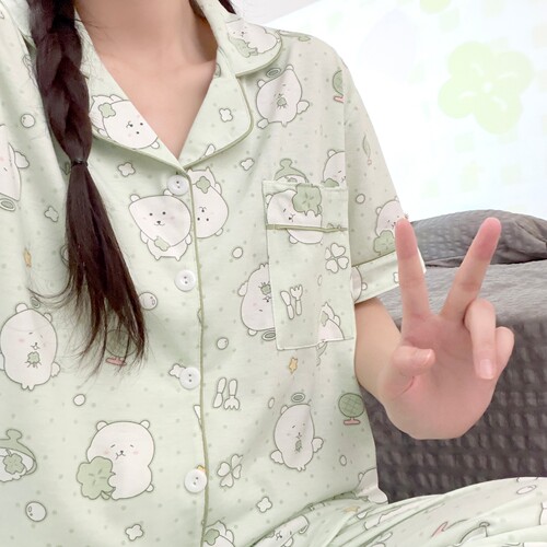 四叶草自嘲熊睡衣女夏季纯棉短袖