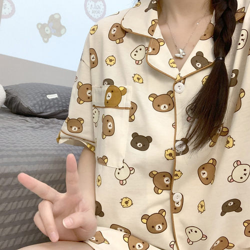 可爱小熊睡衣女春夏季天纯棉短袖