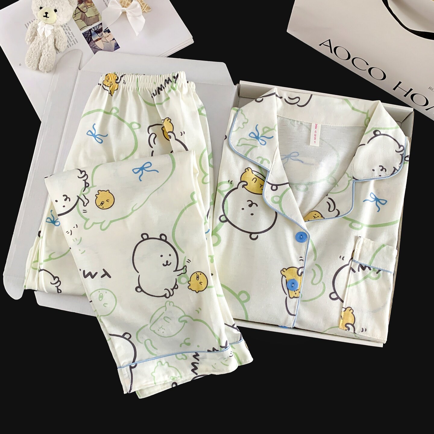 可爱自嘲熊睡衣女秋季纯棉长袖长裤翻领开衫可外穿春秋家居服套装