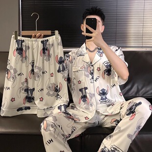 日系睡衣男款夏季冰丝短袖三件套装薄款可爱史迪仔男士家居服夏天