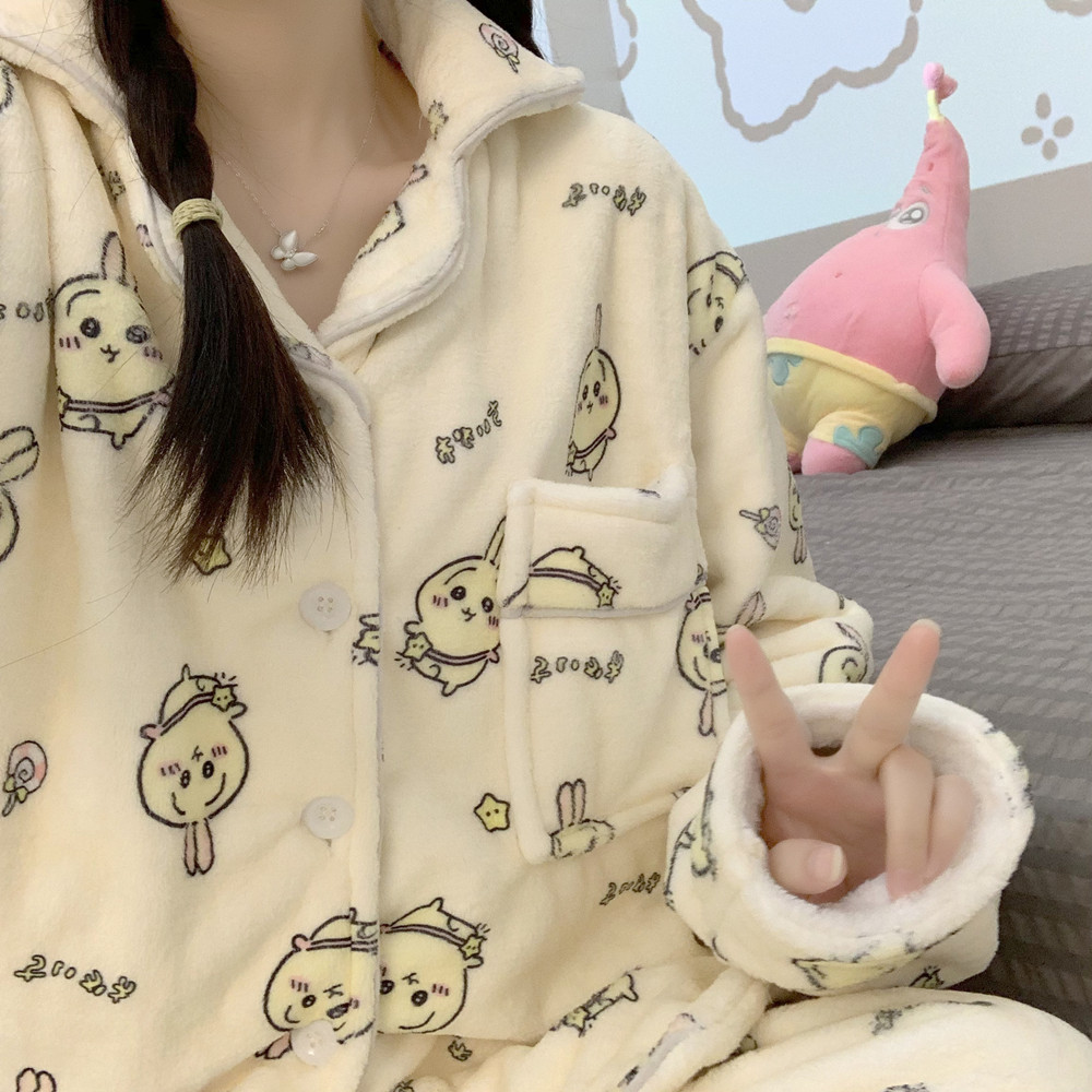 新款乌萨奇情侣睡衣女秋冬季加厚加绒法兰绒保暖男士家居服可外穿