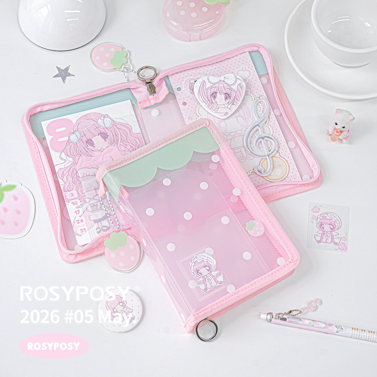「草莓音符！透明斜纹手帐包」Rosyposy柔设韩女ins收纳钢琴随身图片