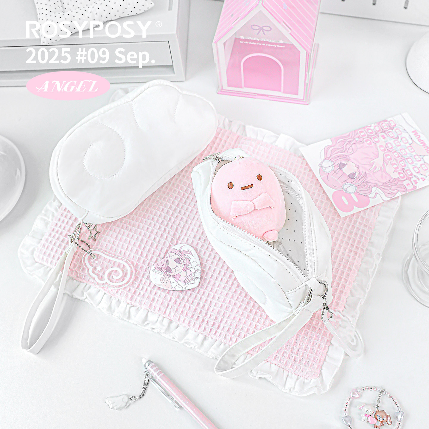 「韩感波点内衬！翅膀笔袋」Rosyposy柔设天使c充棉化妆包便