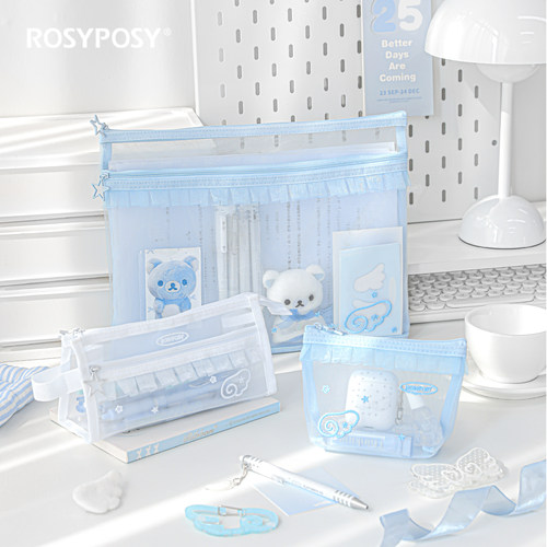 「清透！天使蕾丝网纱」Rosyposy柔设笔袋文件袋A4收纳化妆包ins