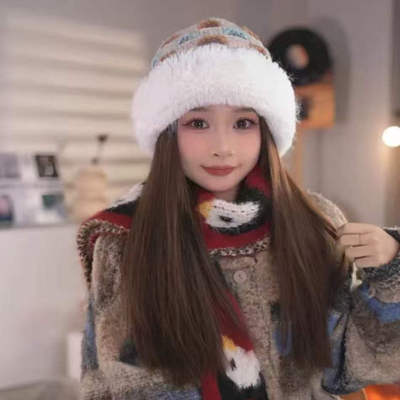 新款手工菱格秋冬拼接针织帽子女防寒保暖毛绒双层加绒加厚针织帽