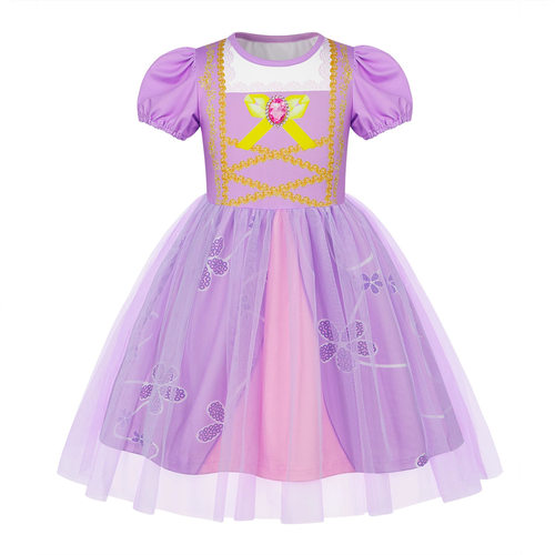 儿童生日派对长发公主连衣裙夏季短袖游乐园苏菲亚Princess Dress