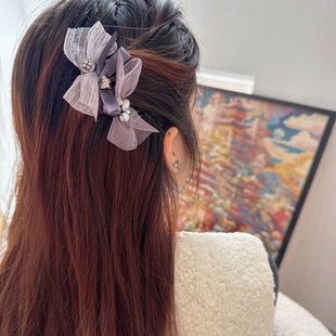 优雅气质灰紫网纱水钻珍珠发梳发插后脑勺蝴蝶结倒插梳刘海夹发饰