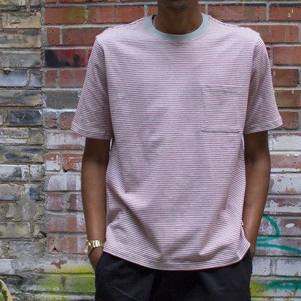 正品STUSSY MINI STRIPE CREW TEE条纹短袖T恤圆领口袋宽松流行