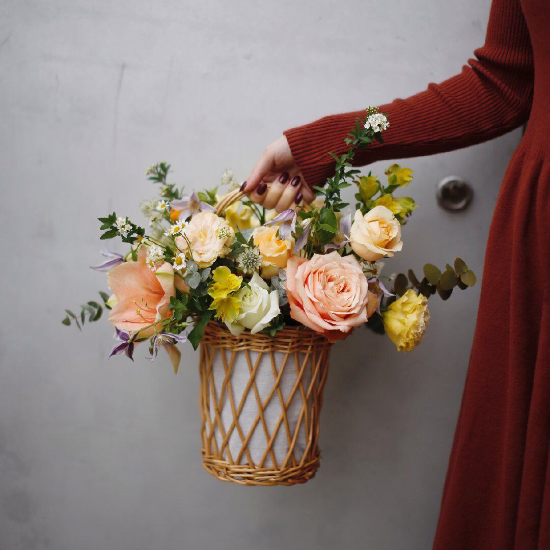 手提柳编藤编花篮客厅摆件干花鲜花插花篮子圆形长方形花篮斜跨篮