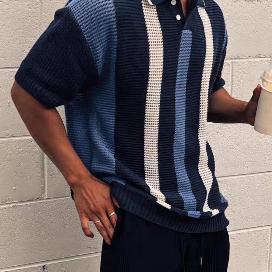 300斤大码欧美镂空针织polo衫男撞色条纹短袖卫衣网眼透视保罗衫