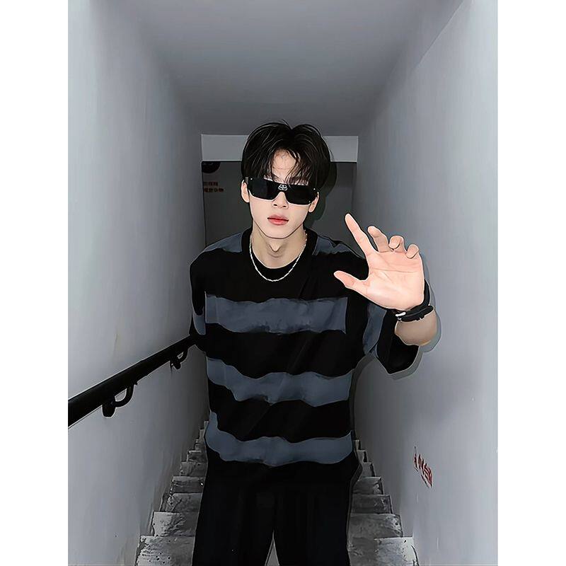 夏季宽松大码300斤扎染条纹t恤男款重磅潮牌美式正肩短袖五分半袖