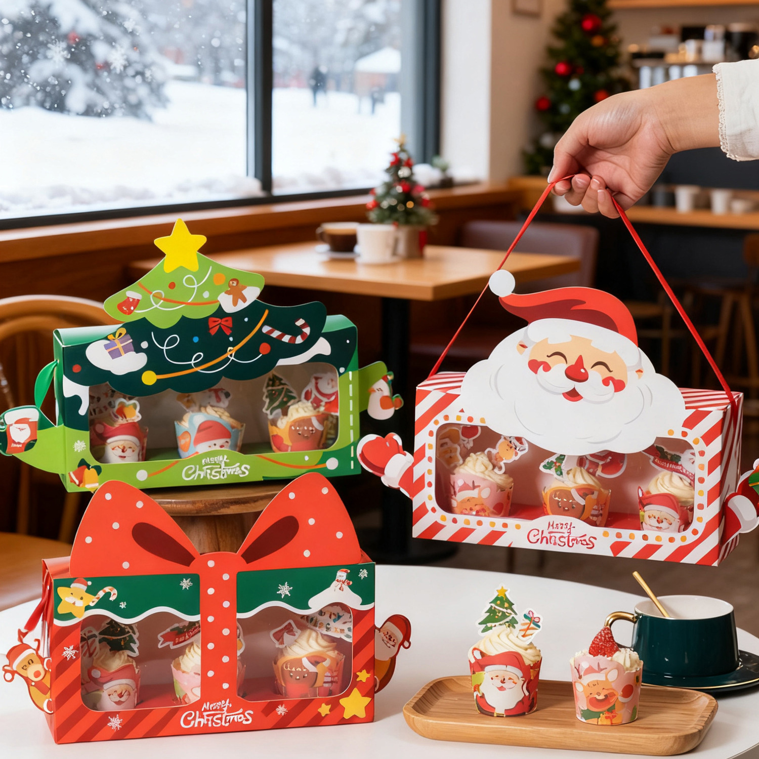 圣诞节纸杯蛋糕盒高档烘焙杯子蛋糕包装盒马芬杯手提开窗甜品盒子