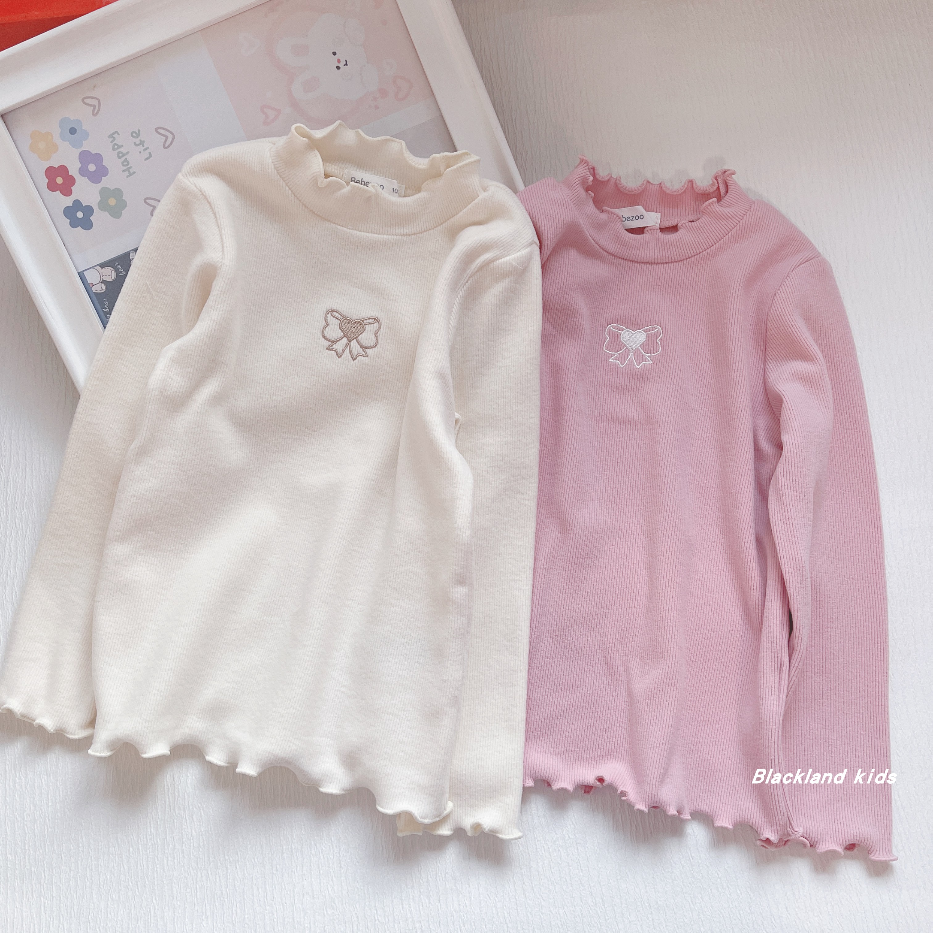 100-160码秋冬童装女童磨毛弹力木耳边刺绣打底衫儿童宝宝长袖T恤